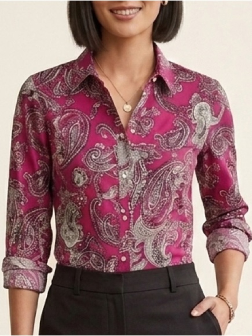 Talbots Haberdashery Button-Up Shirt Paisley fuscia black white office casual 14